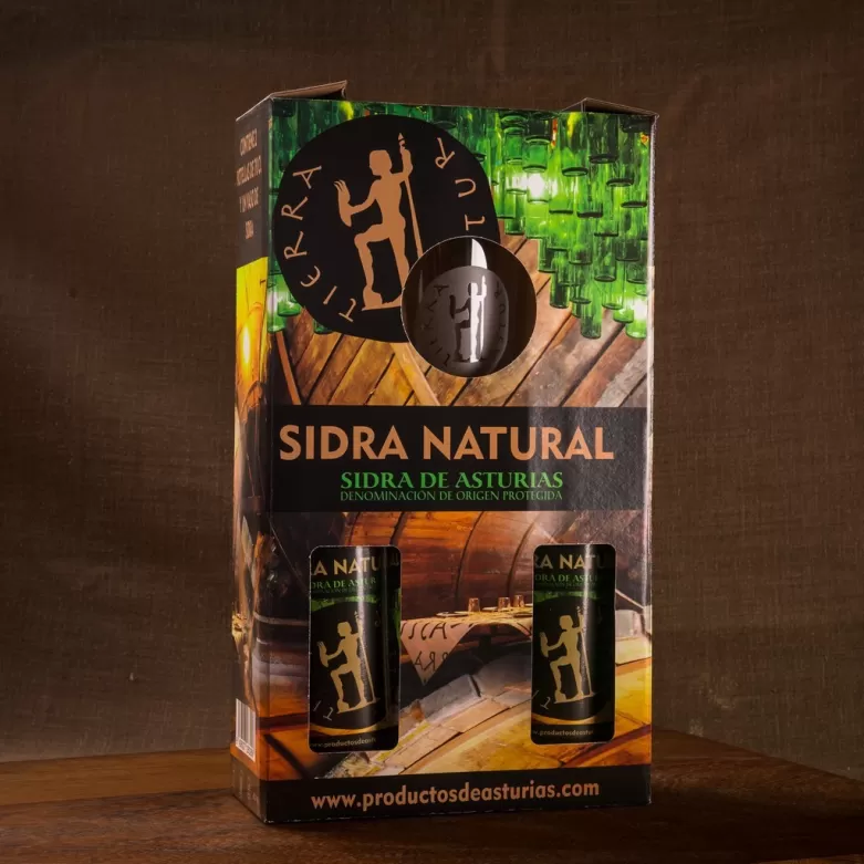 SIDRA TIERRA ASTUR DOP, ESTUCHE DE DOS BOTELLAS Y VASO  Sidra asturiana D.O.P.